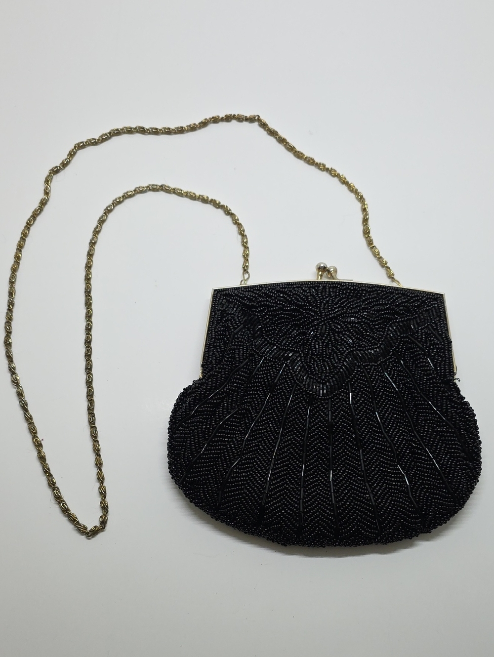 Vintage Black Beaded Small Purse W/ Chain Shoulder Strap By Magid